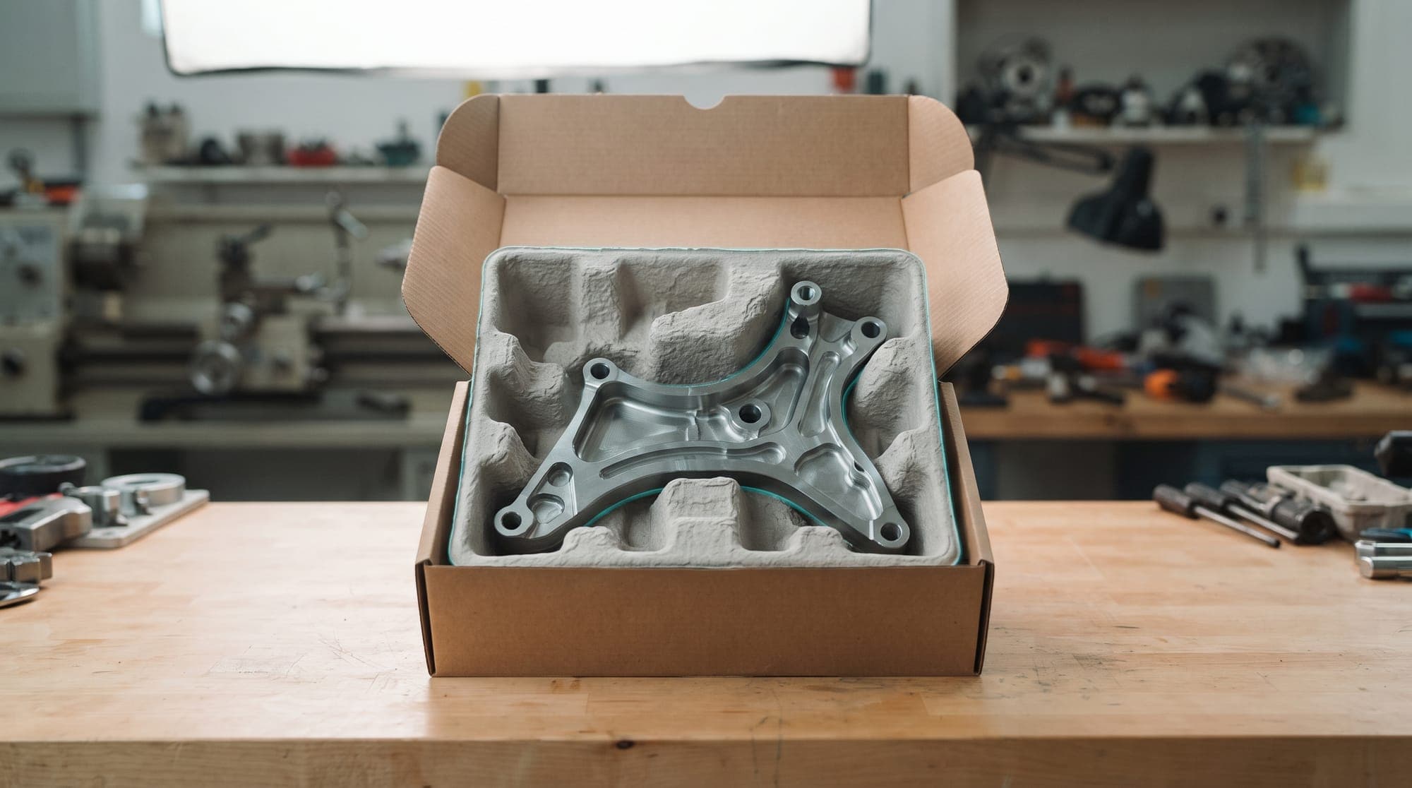 A machined automotive part cradled in a custom-cut protective insert