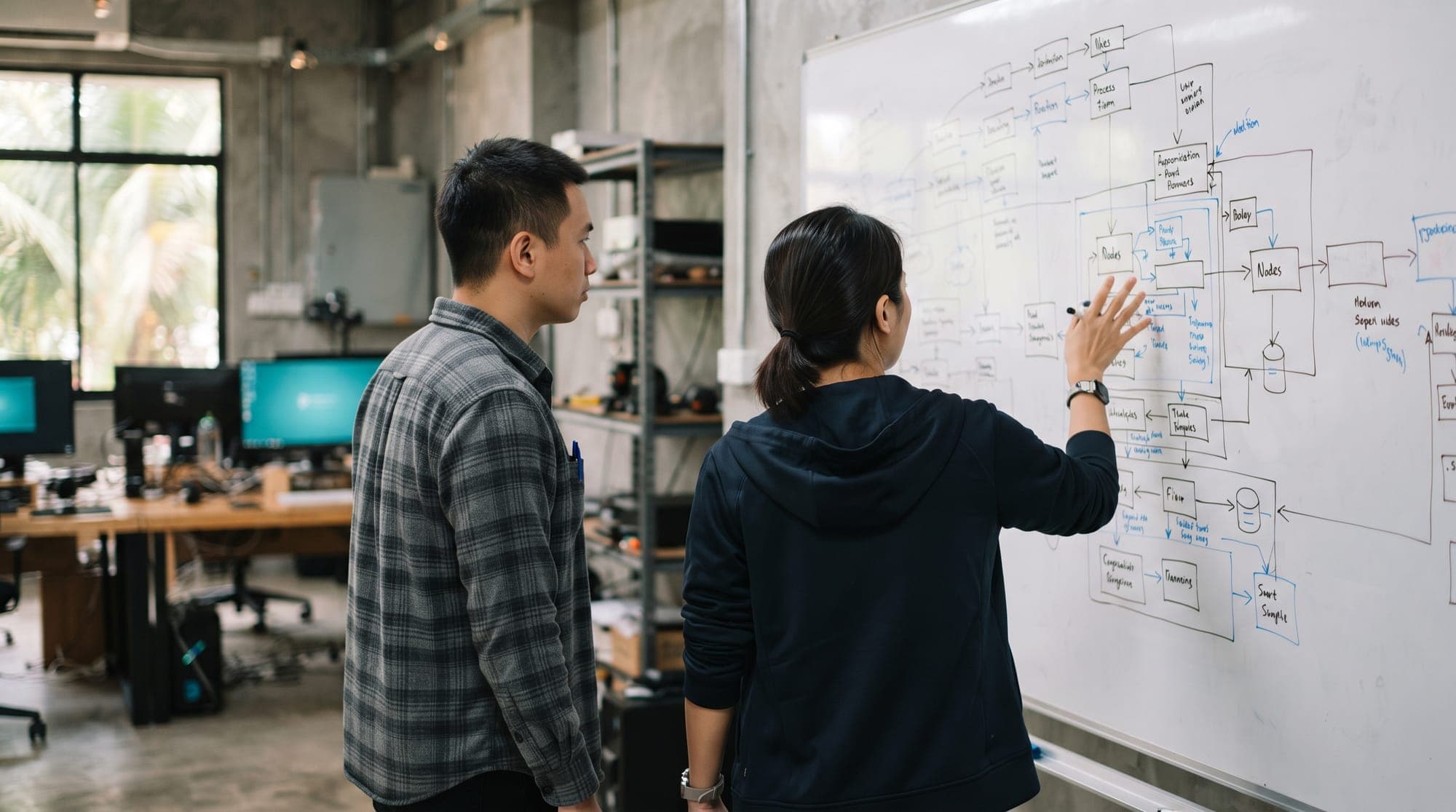 Whiteboard — an agent workflow sketched with a plant engineer