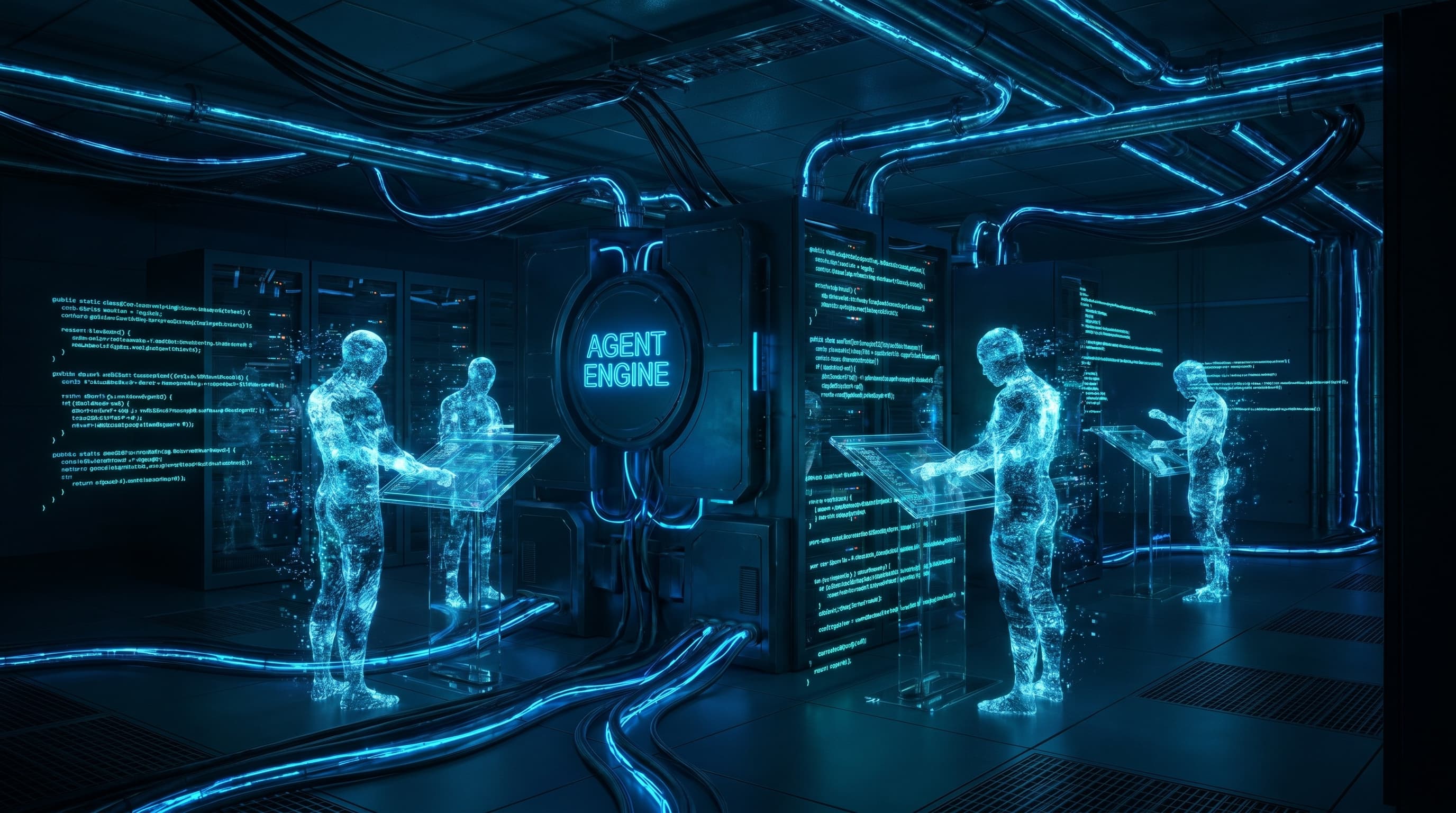 Holographic agents at terminals in a server room with the AGENT ENGINE control panel — the Foreman agent engine.