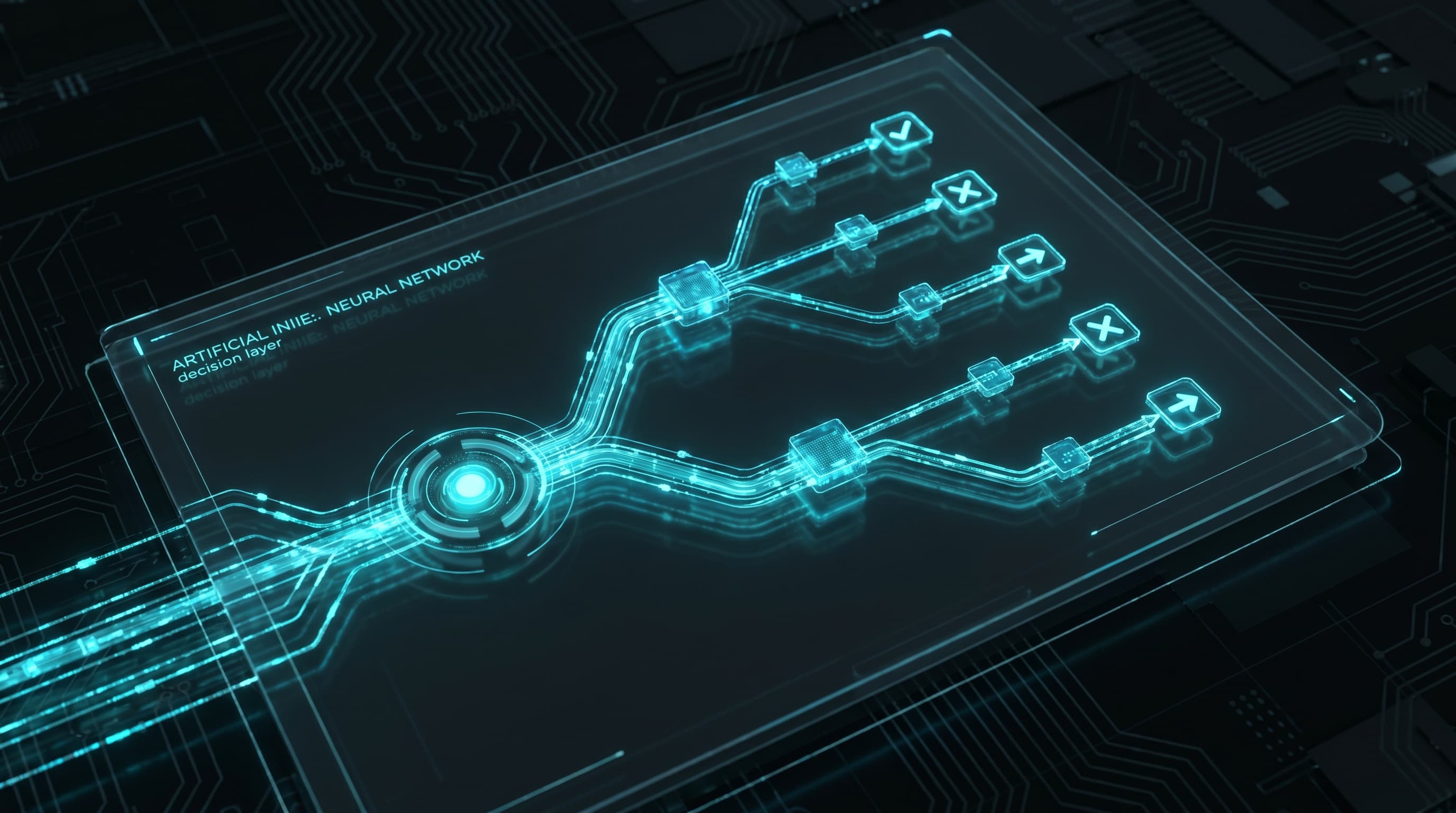 Holographic decision-tree workflow on a transparent panel above a circuit board — the Foreman decision layer.