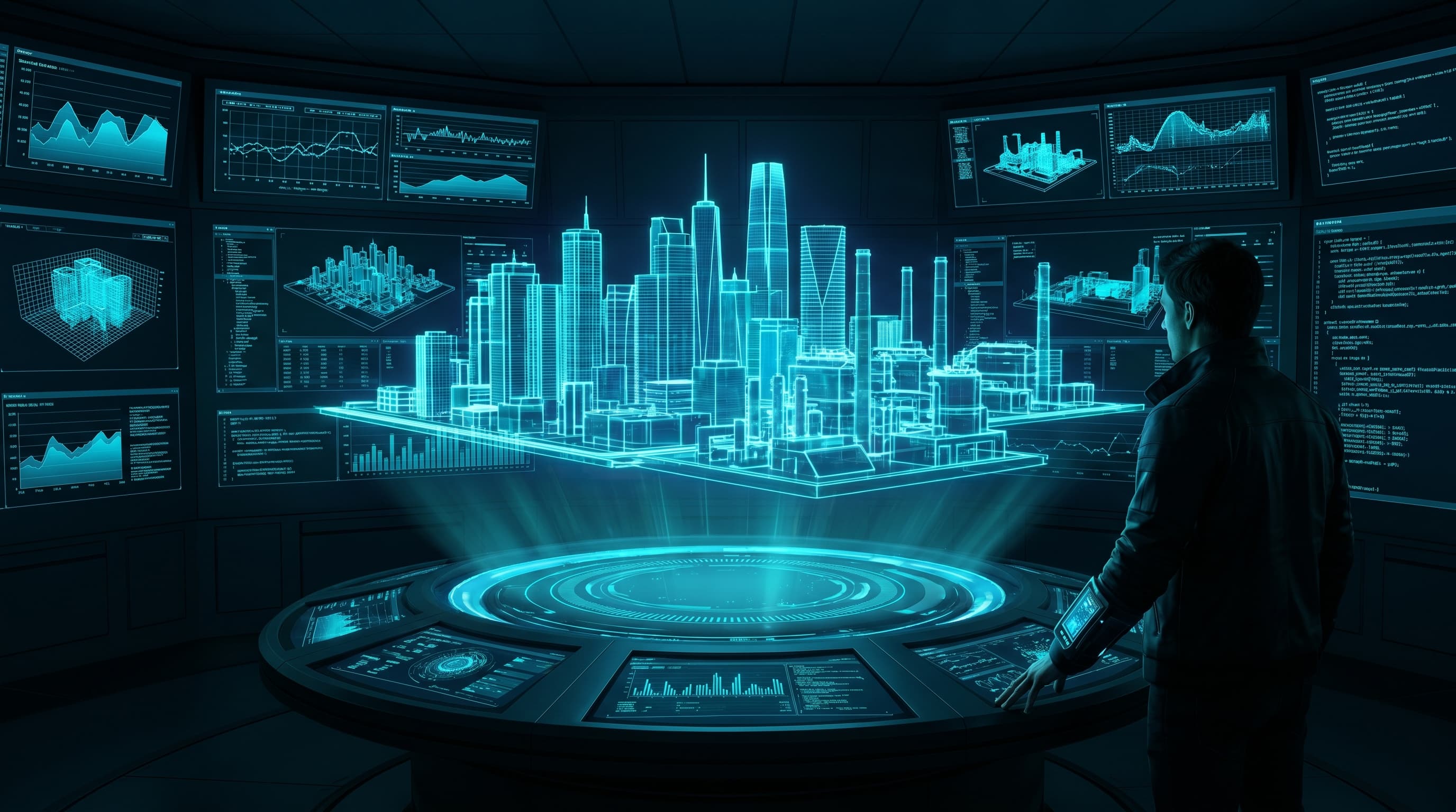 Engineer in front of a holographic 3D plant model surrounded by data panels — the Foreman digital twin.