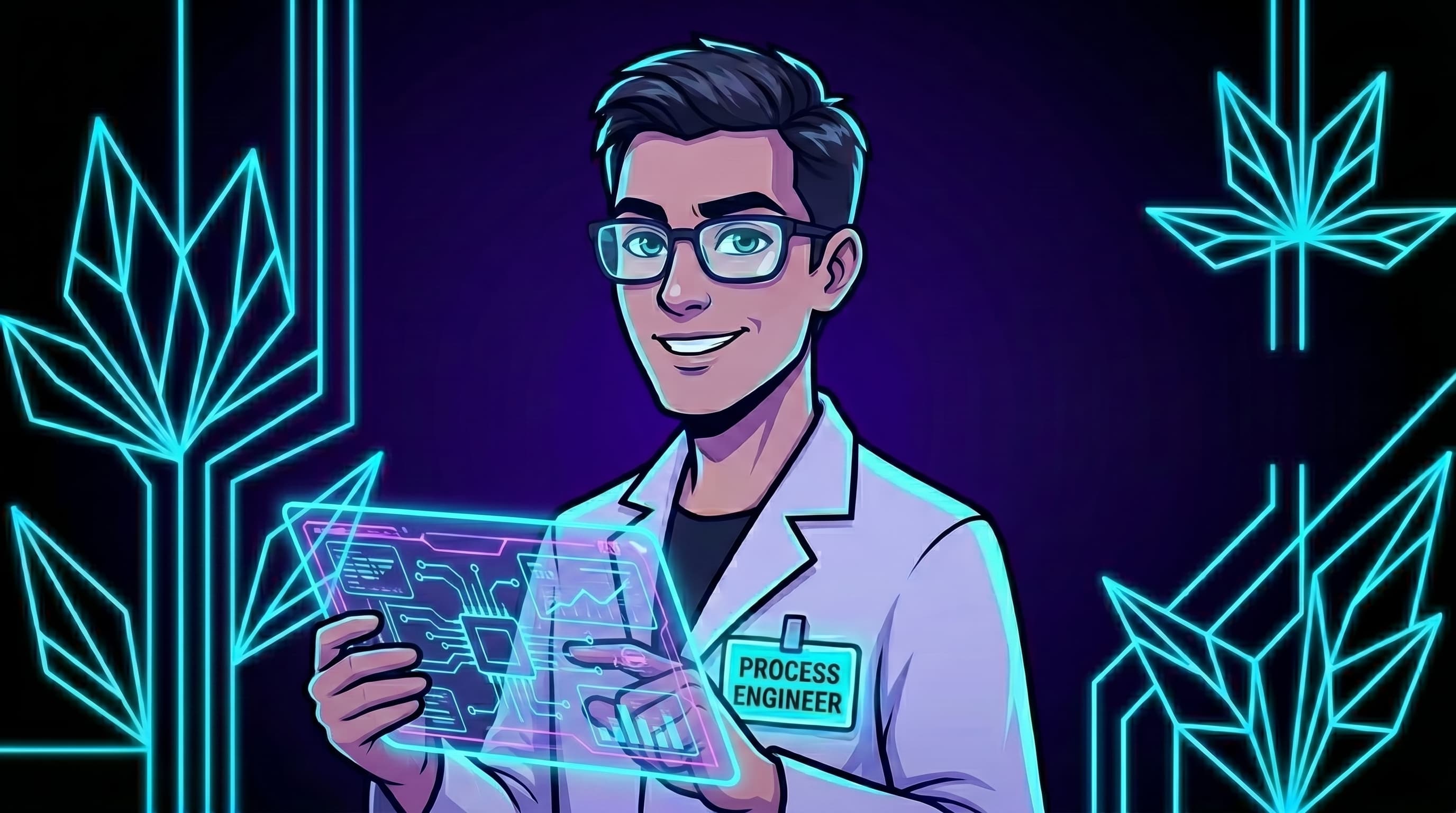 Illustrated portrait of a process engineer reviewing a holographic schematic