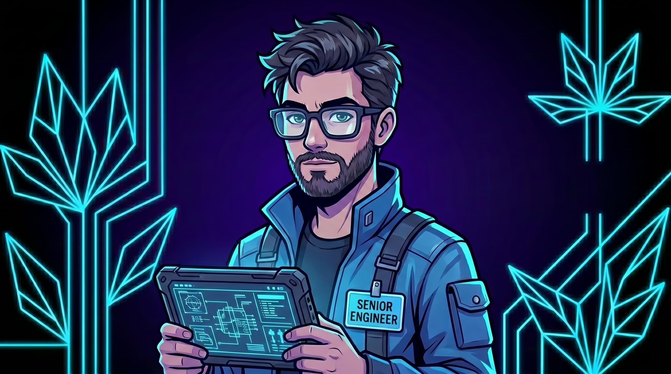 Illustrated portrait of a senior engineer with a ruggedized tablet on the line