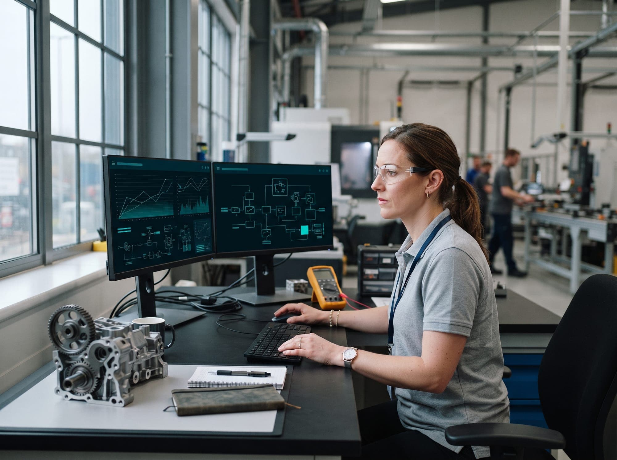 Controls engineer at a workstation, MES on screen